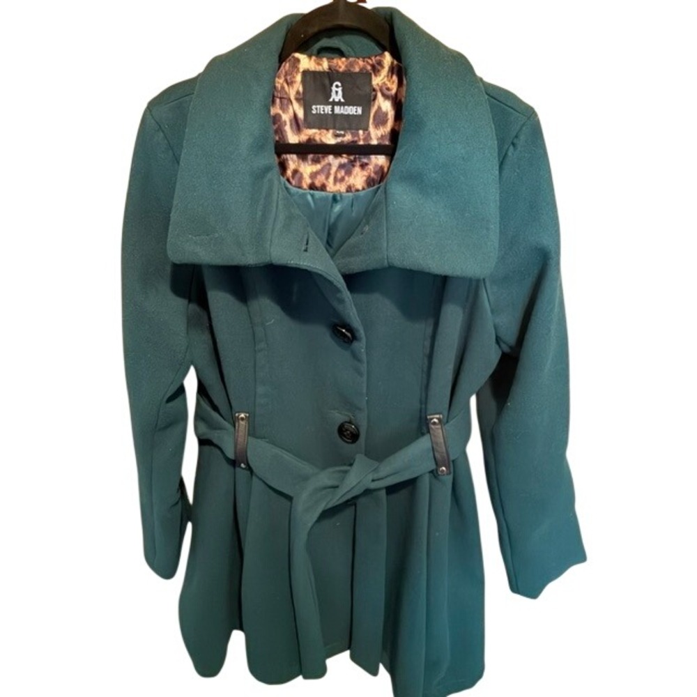 Steve Madden Womens Teal Green Belted Peacoat Leopard Lining XL